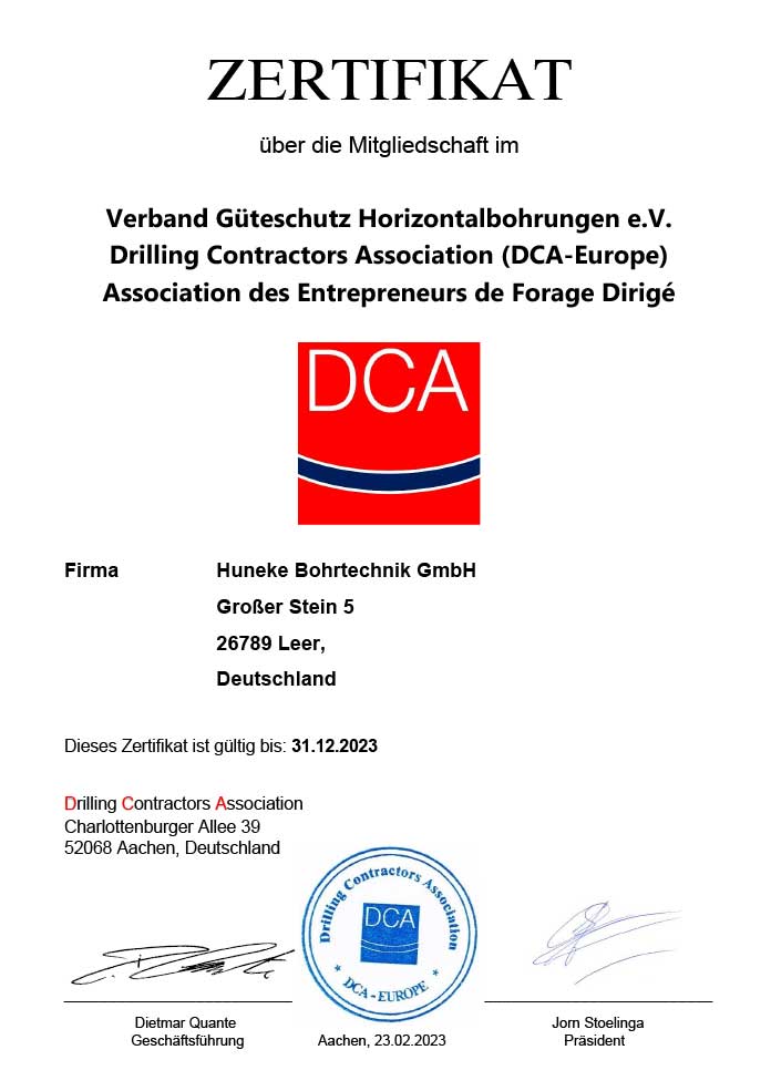 Zertifikat DCA Güteschutz Kanalbau für Huneke