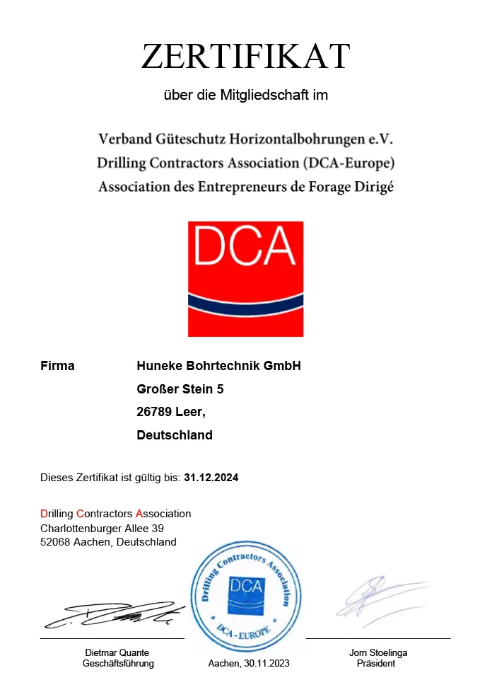 Zertifikat DCA Güteschutz Kanalbau für Huneke